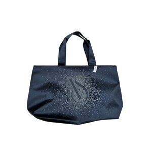 NWT Victoria's Secret Black Satin Bling Tote Bag | Silver Sparkle Logo